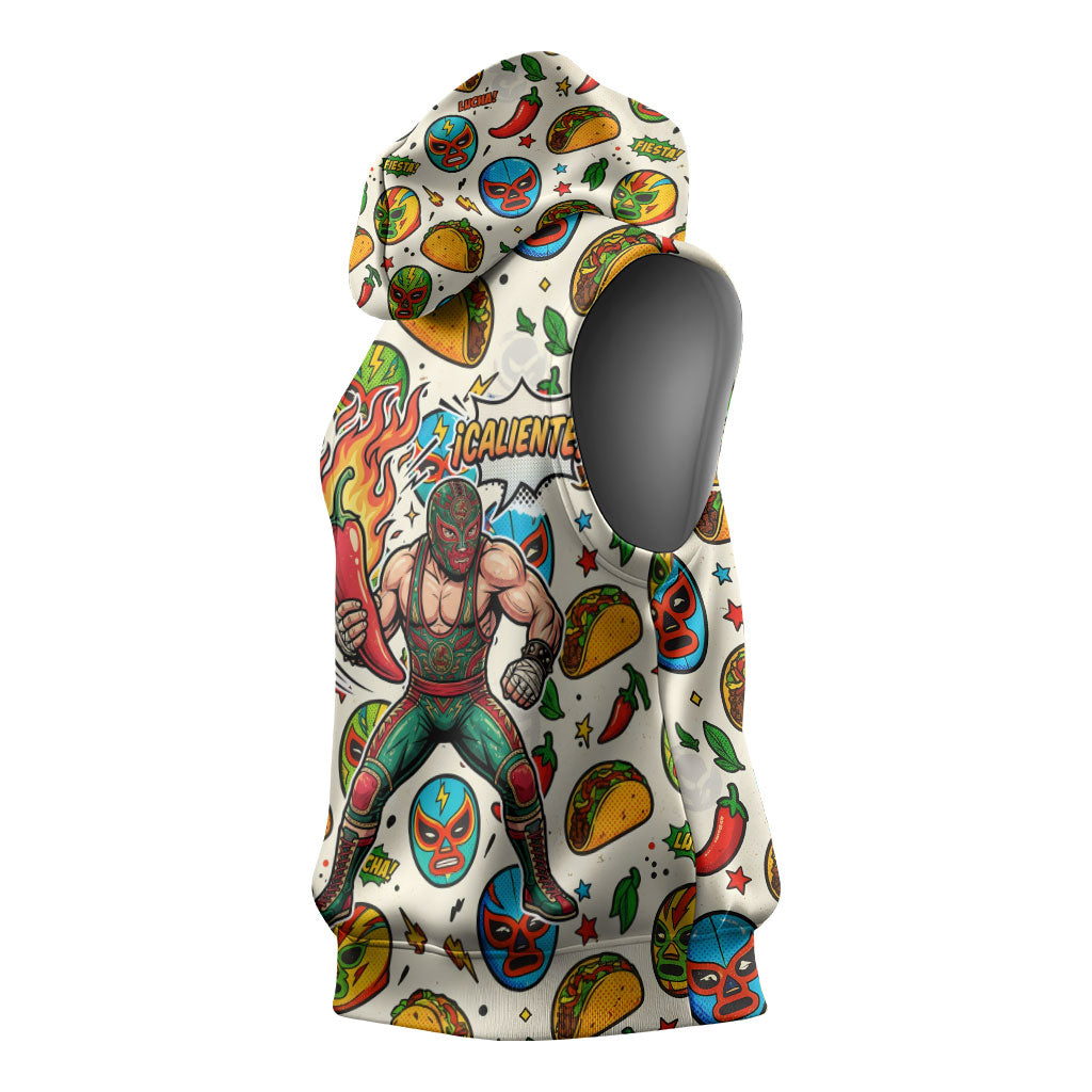 Cinco De Mayo Sleeveless Hoodie Lucha Libre Wrestler - Pop Art Comic Style Mexican Fiesta Taco