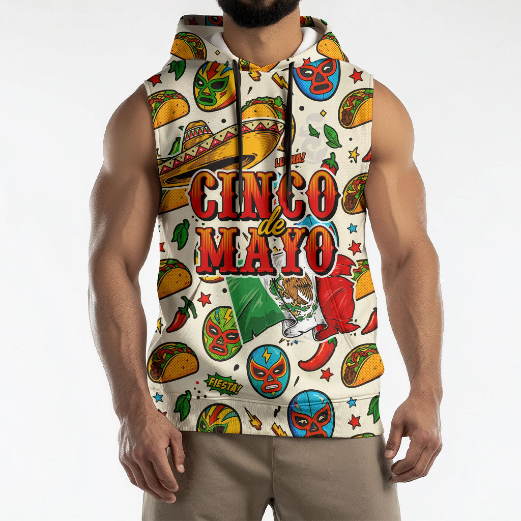 Cinco De Mayo Sleeveless Hoodie Lucha Libre Wrestler - Pop Art Comic Style Mexican Fiesta Taco