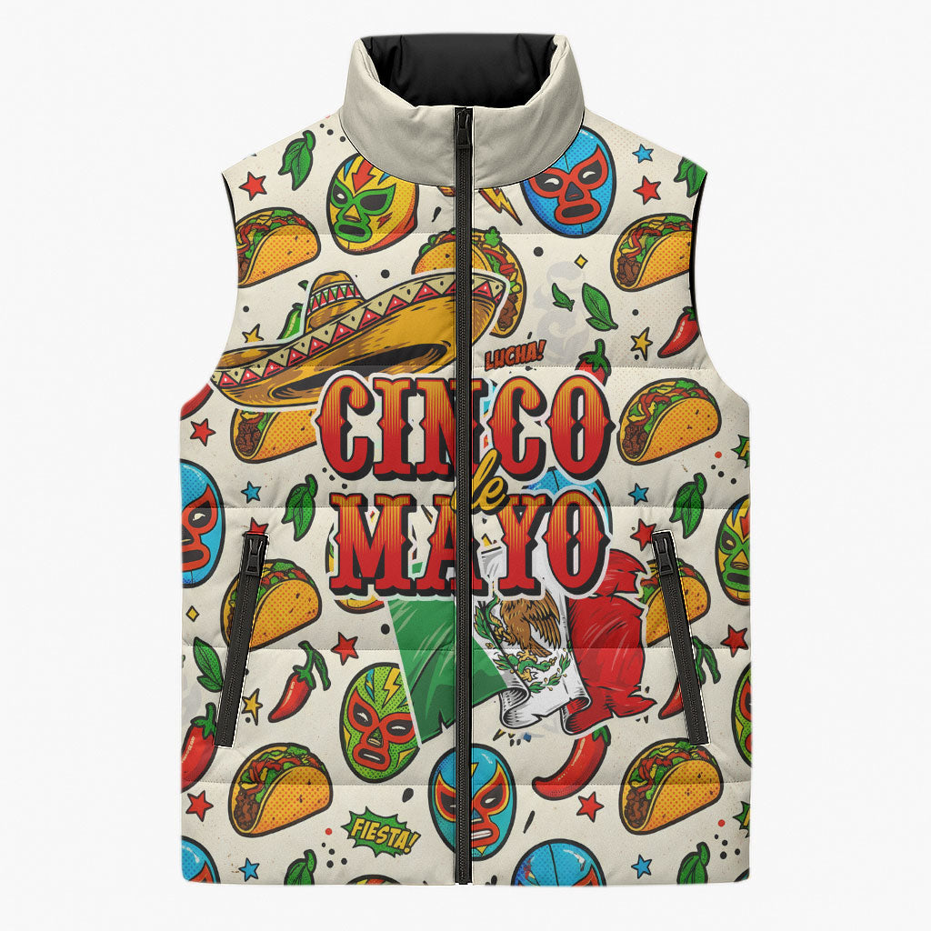 Cinco De Mayo Sleeveless Puffer Jacket Lucha Libre Wrestler - Pop Art Comic Style Mexican Fiesta Taco