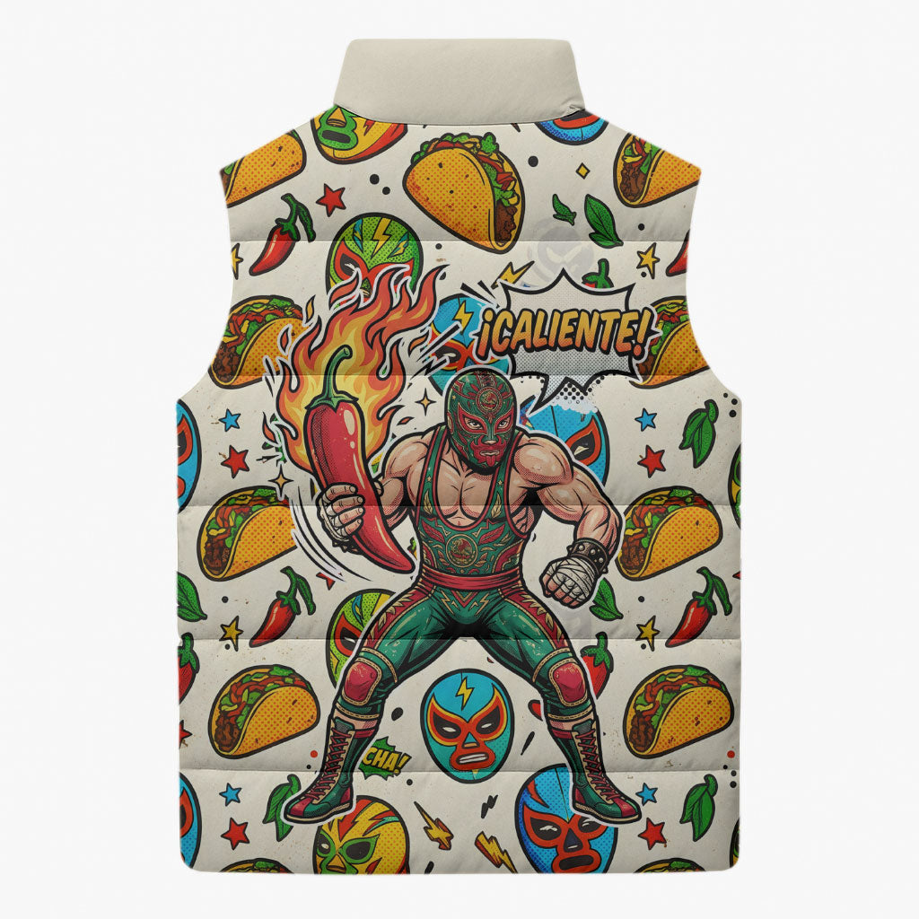 Cinco De Mayo Sleeveless Puffer Jacket Lucha Libre Wrestler - Pop Art Comic Style Mexican Fiesta Taco
