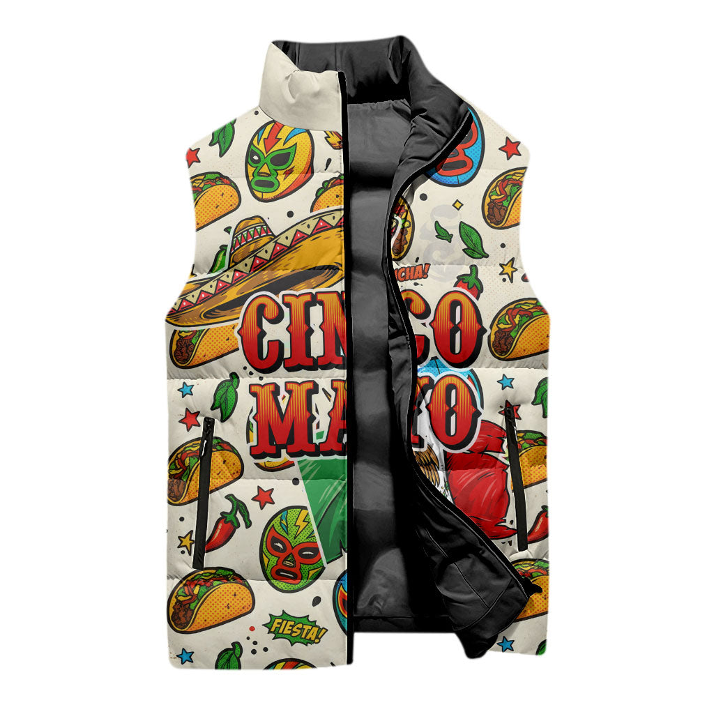 Cinco De Mayo Sleeveless Puffer Jacket Lucha Libre Wrestler - Pop Art Comic Style Mexican Fiesta Taco