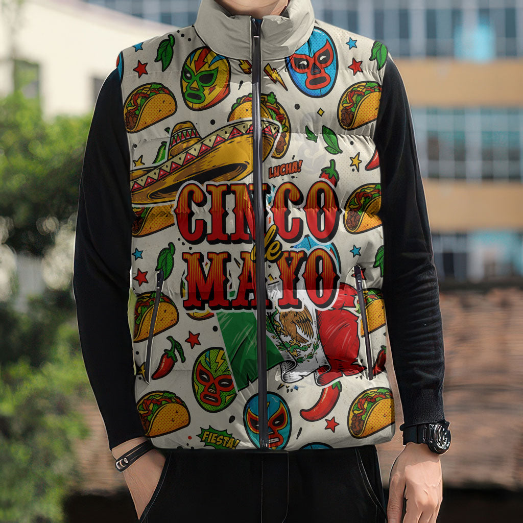 Cinco De Mayo Sleeveless Puffer Jacket Lucha Libre Wrestler - Pop Art Comic Style Mexican Fiesta Taco