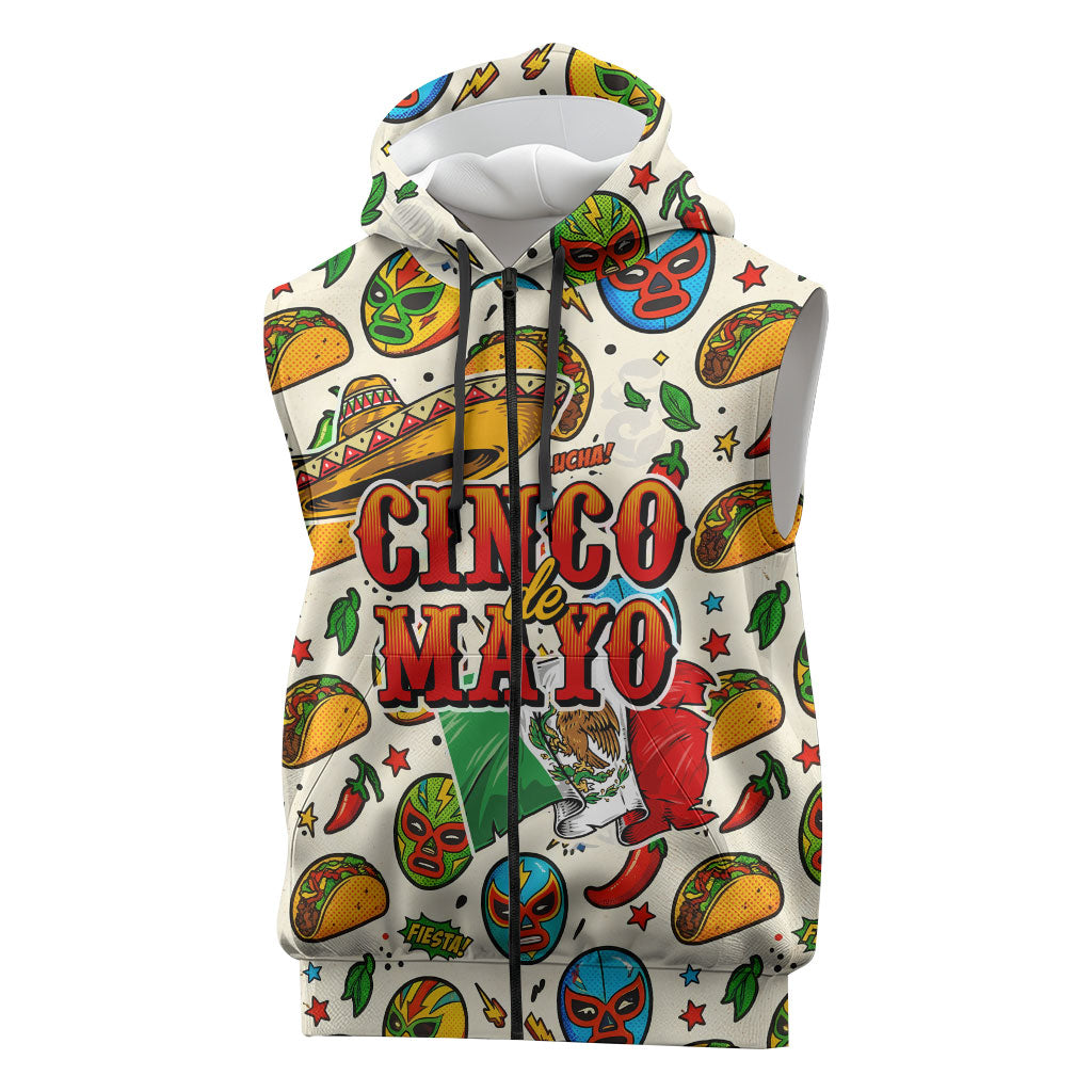 Cinco De Mayo Sleeveless Zip Hoodie Lucha Libre Wrestler - Pop Art Comic Style Mexican Fiesta Taco
