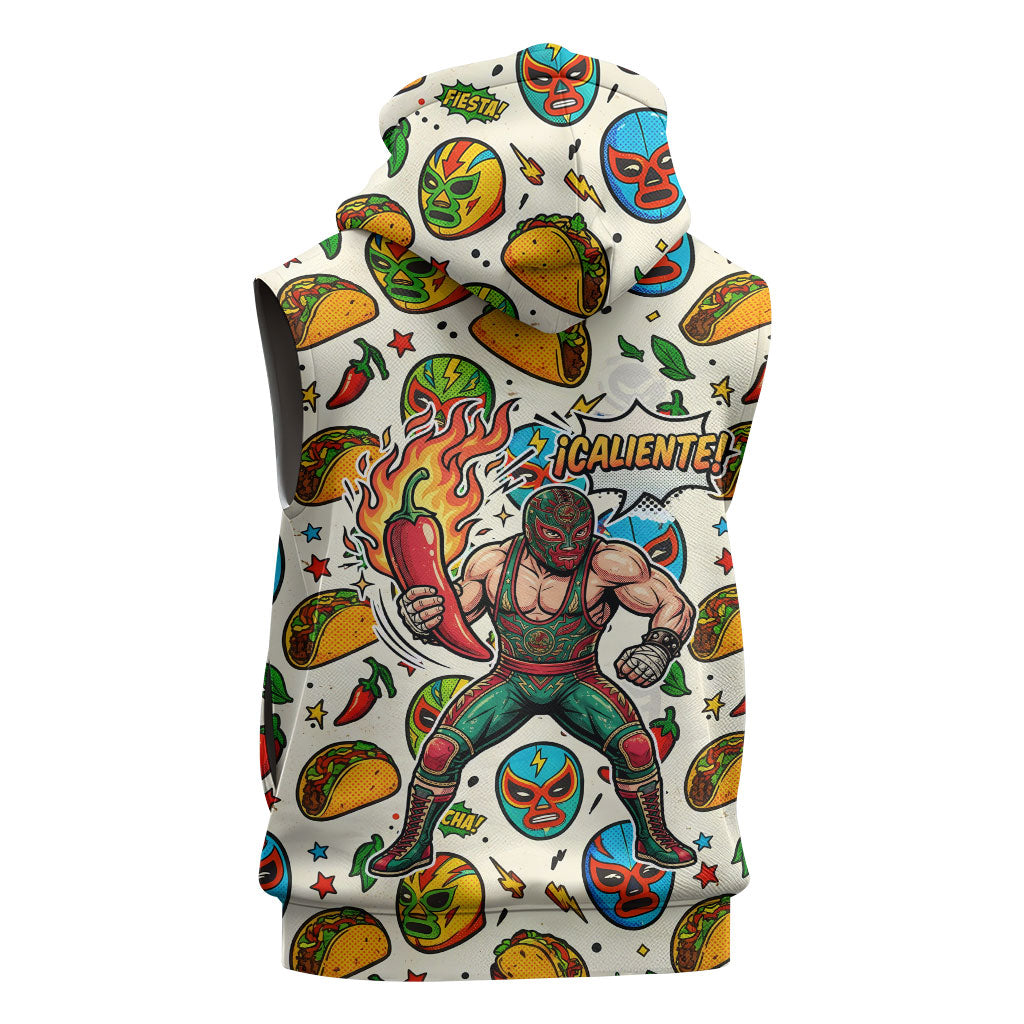 Cinco De Mayo Sleeveless Zip Hoodie Lucha Libre Wrestler - Pop Art Comic Style Mexican Fiesta Taco