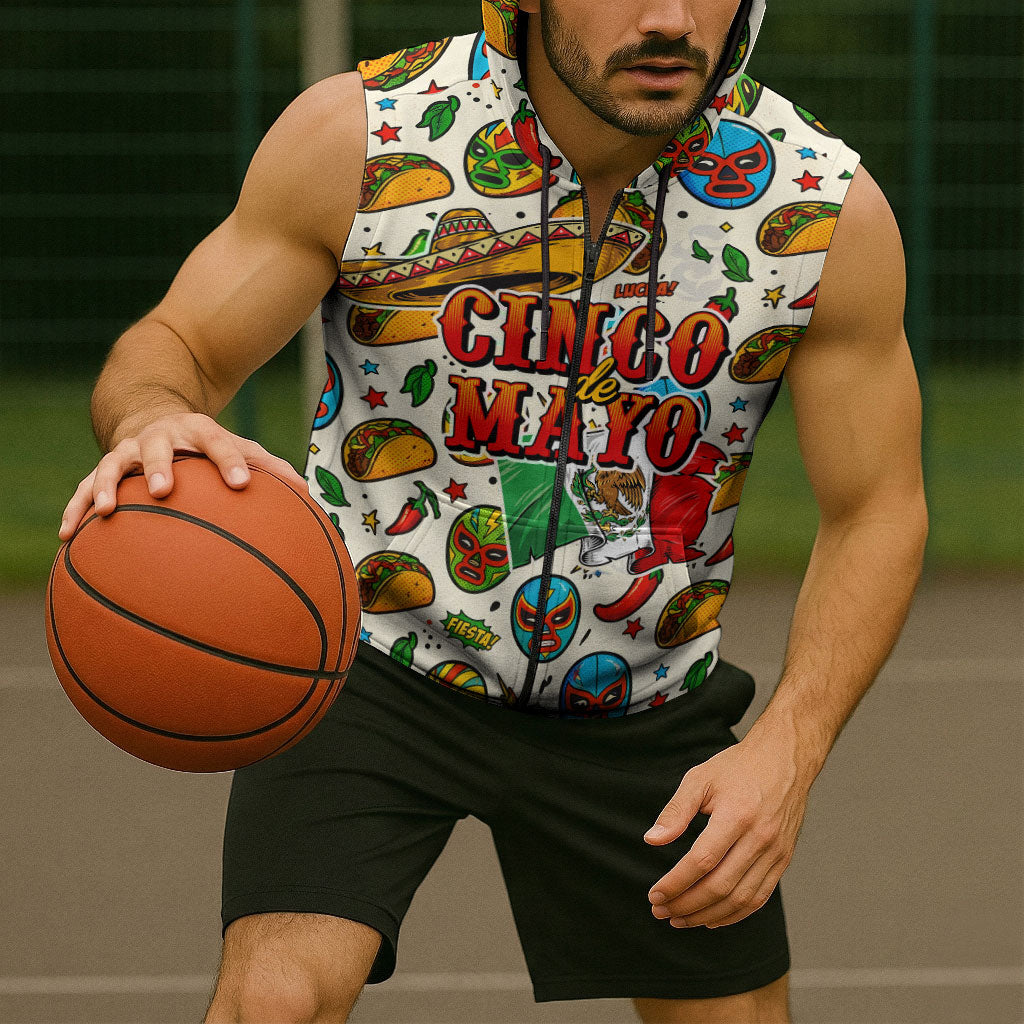 Cinco De Mayo Sleeveless Zip Hoodie Lucha Libre Wrestler - Pop Art Comic Style Mexican Fiesta Taco