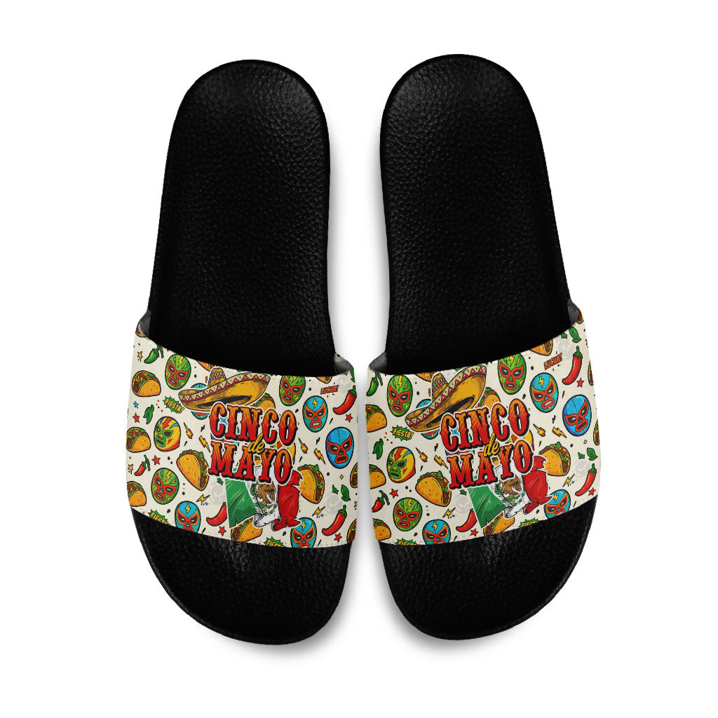 Cinco De Mayo Slide Sandals Lucha Libre Wrestler - Pop Art Comic Style Mexican Fiesta Taco