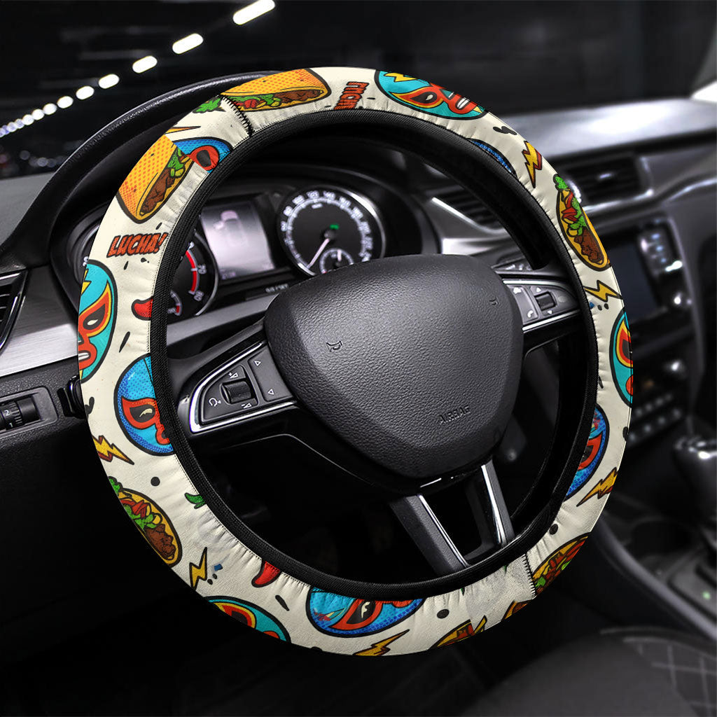 Cinco De Mayo Steering Wheel Cover Lucha Libre Wrestler - Pop Art Comic Style Mexican Fiesta Taco