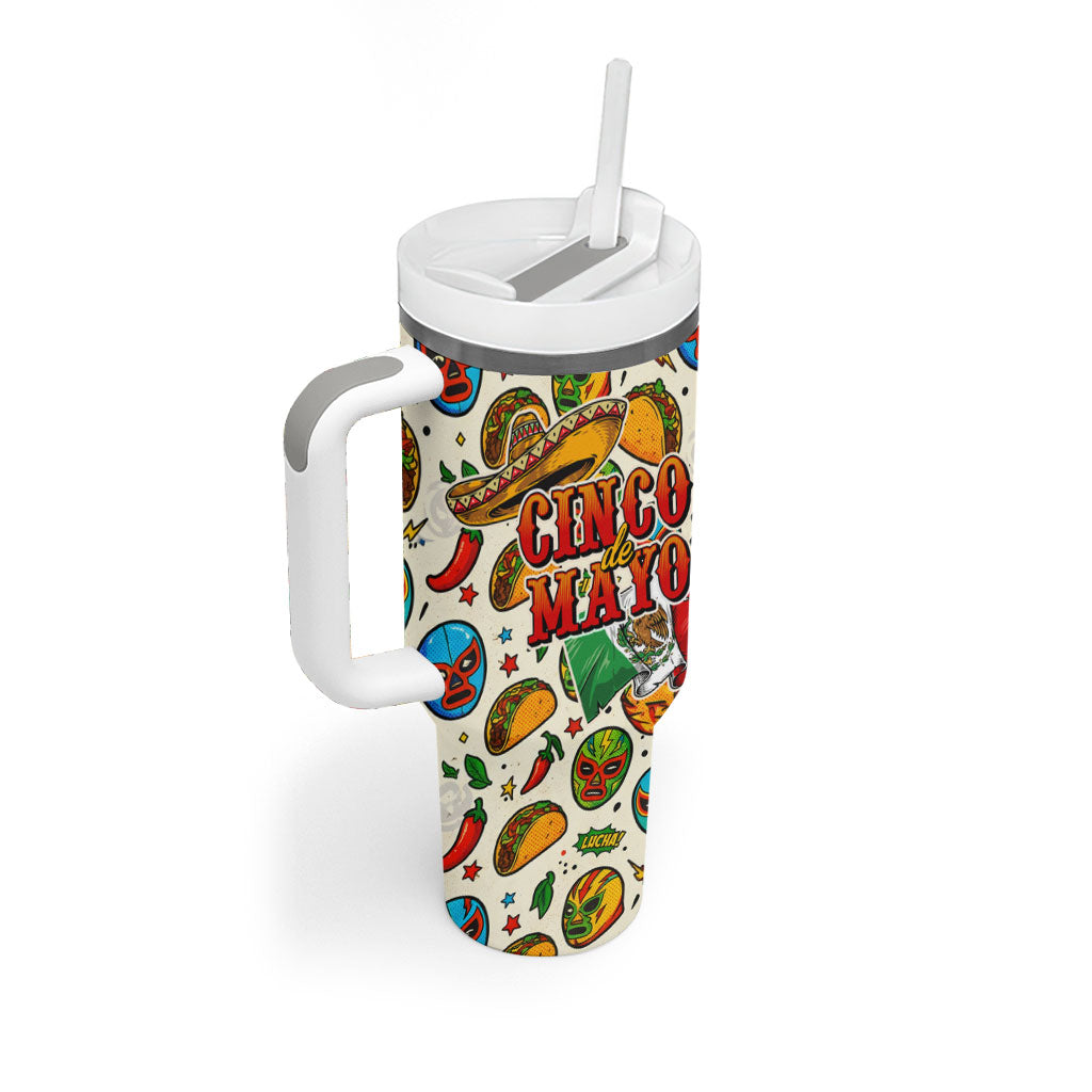 Cinco De Mayo Tumbler With Handle Lucha Libre Wrestler - Pop Art Comic Style Mexican Fiesta Taco