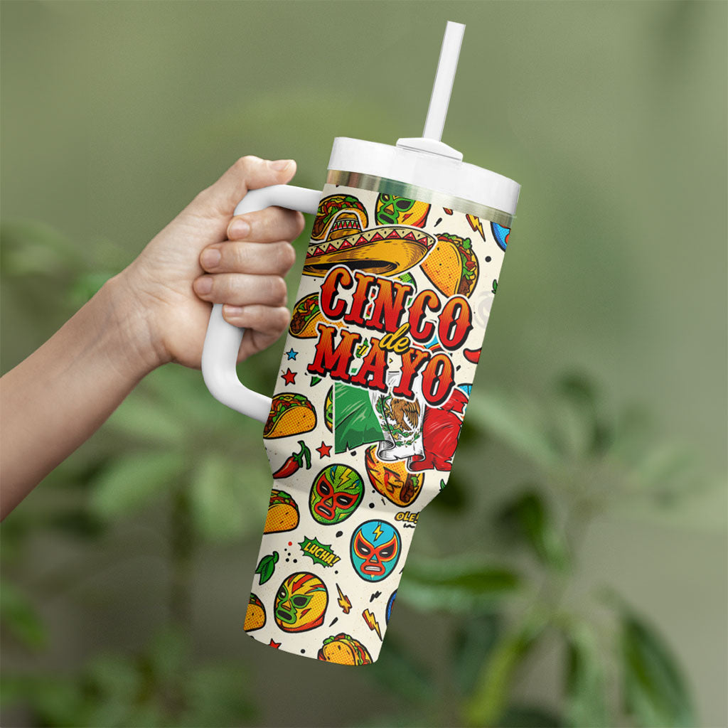 Cinco De Mayo Tumbler With Handle Lucha Libre Wrestler - Pop Art Comic Style Mexican Fiesta Taco