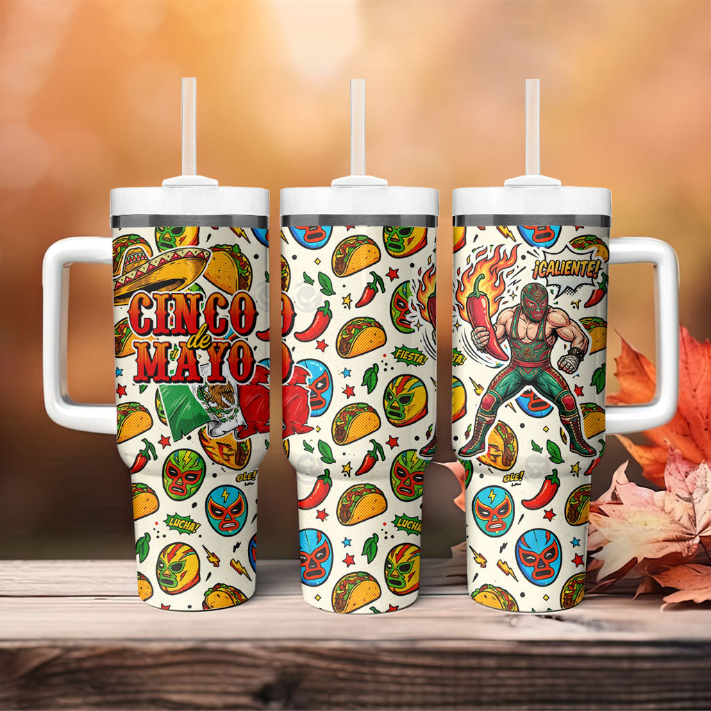 Cinco De Mayo Tumbler With Handle Lucha Libre Wrestler - Pop Art Comic Style Mexican Fiesta Taco