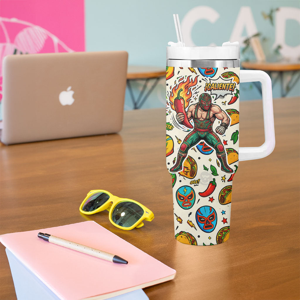 Cinco De Mayo Tumbler With Handle Lucha Libre Wrestler - Pop Art Comic Style Mexican Fiesta Taco