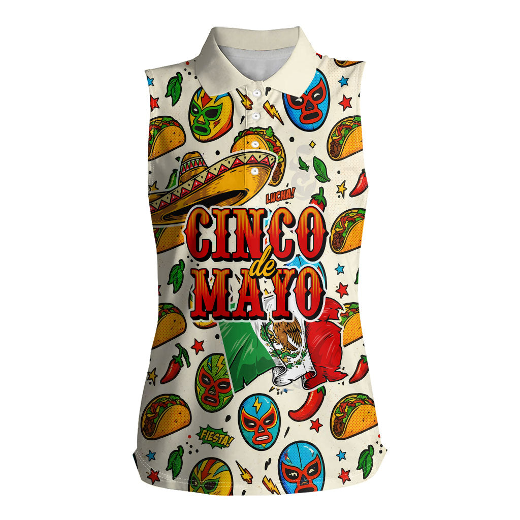 Cinco De Mayo Women Sleeveless Polo Shirt Lucha Libre Wrestler - Pop Art Comic Style Mexican Fiesta Taco