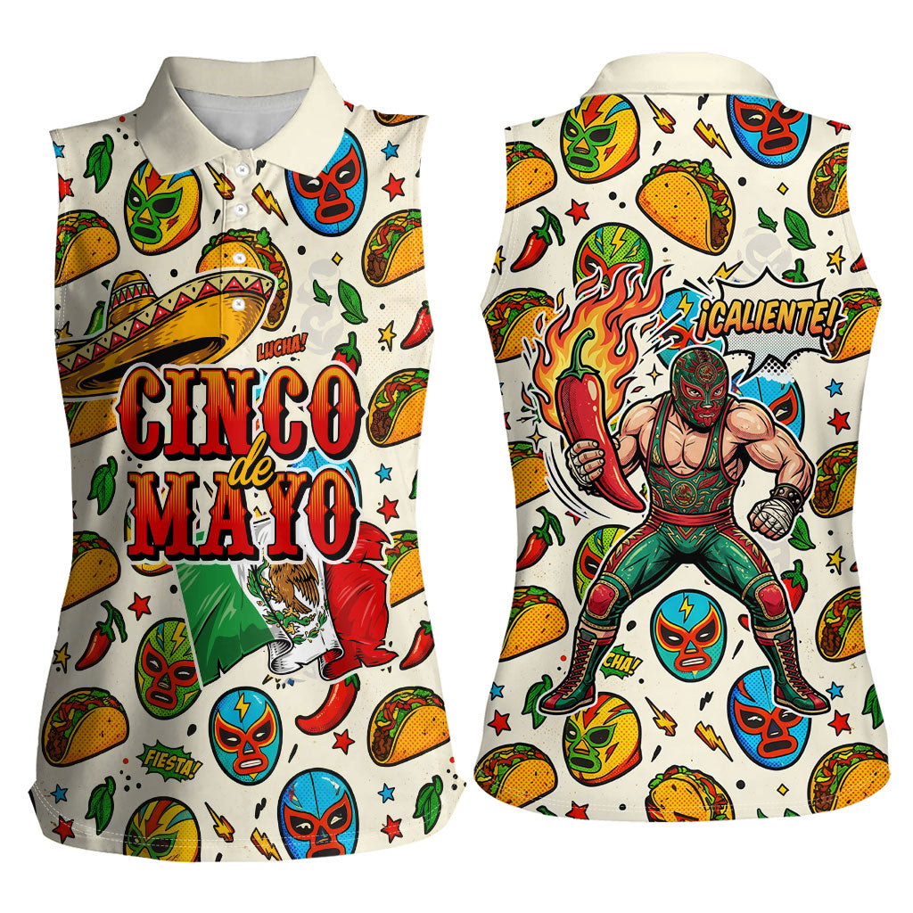 Cinco De Mayo Women Sleeveless Polo Shirt Lucha Libre Wrestler - Pop Art Comic Style Mexican Fiesta Taco