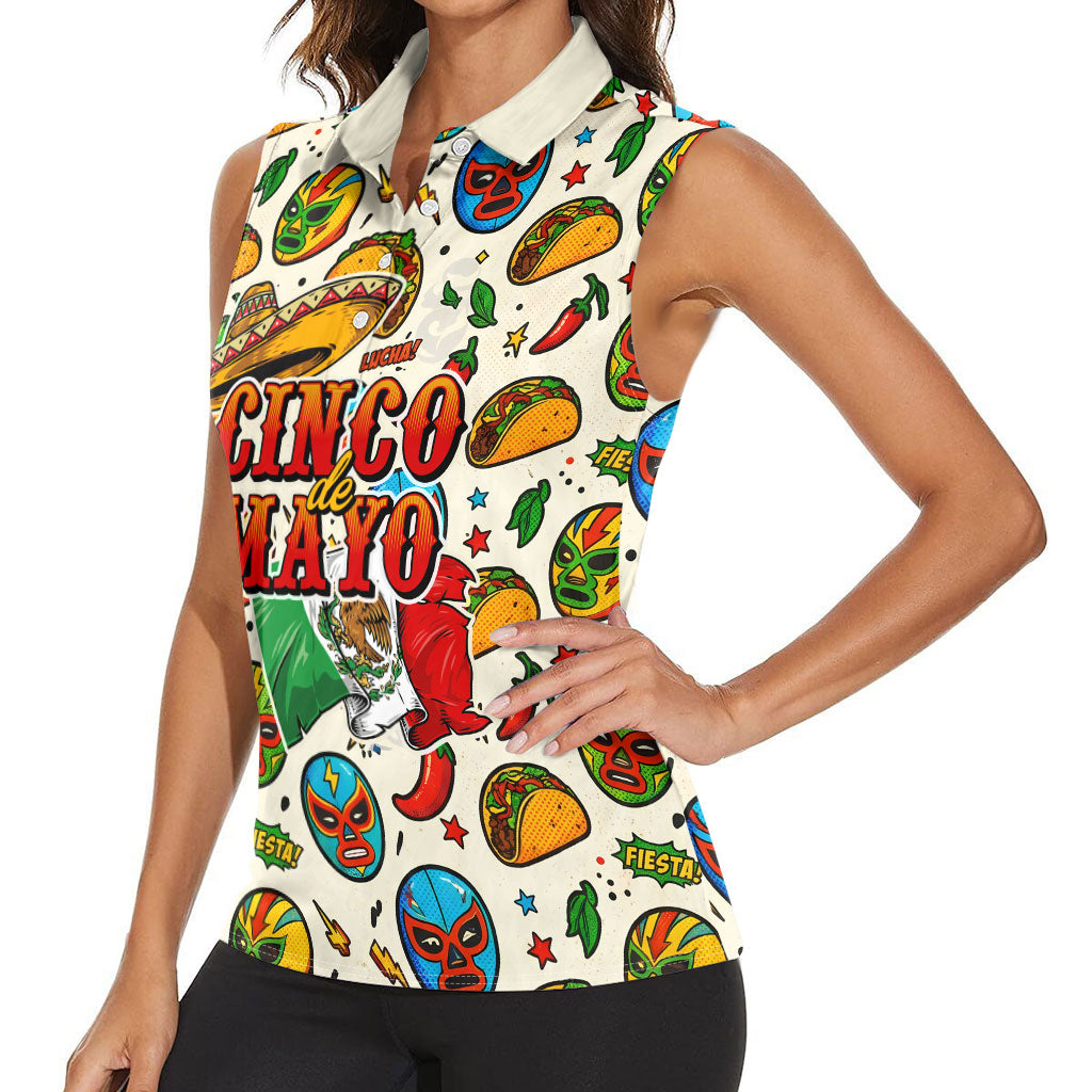 Cinco De Mayo Women Sleeveless Polo Shirt Lucha Libre Wrestler - Pop Art Comic Style Mexican Fiesta Taco