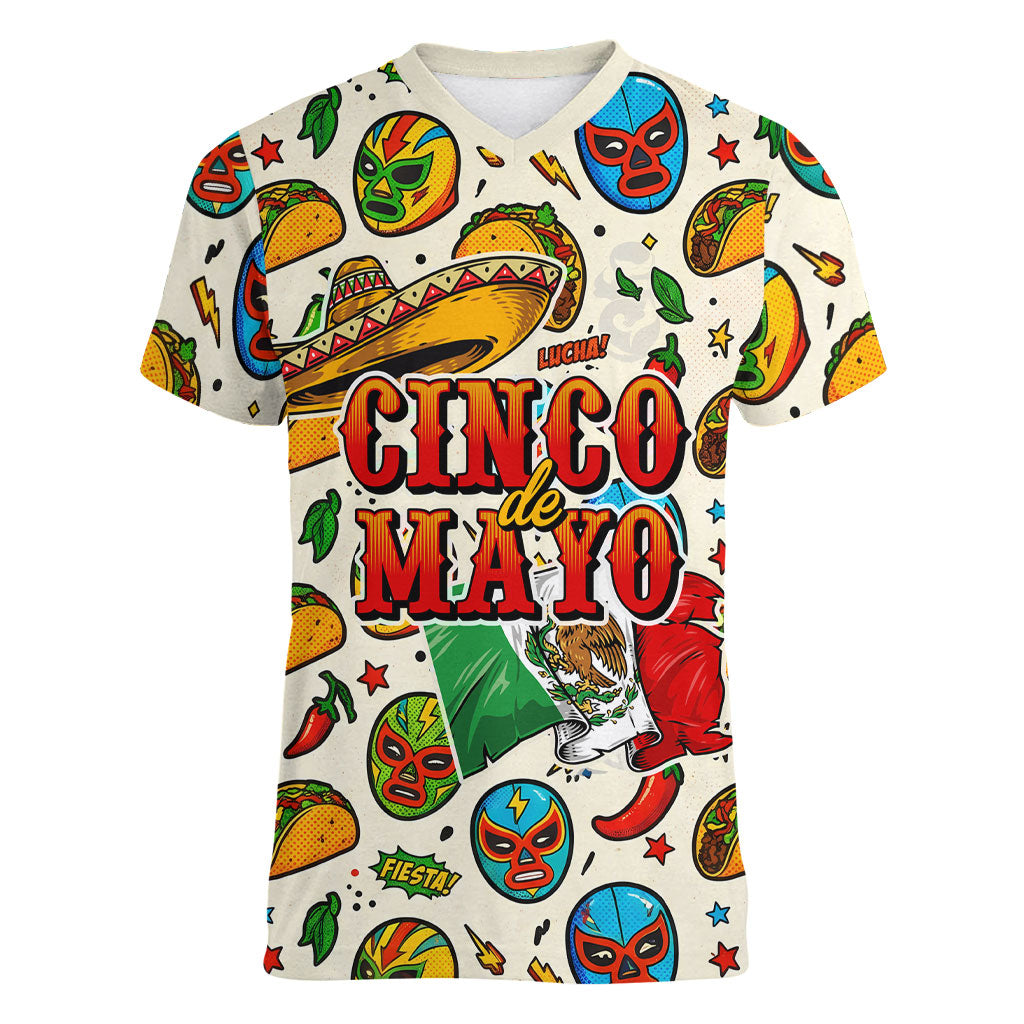 Cinco De Mayo Women V-Neck T-Shirt Lucha Libre Wrestler - Pop Art Comic Style Mexican Fiesta Taco