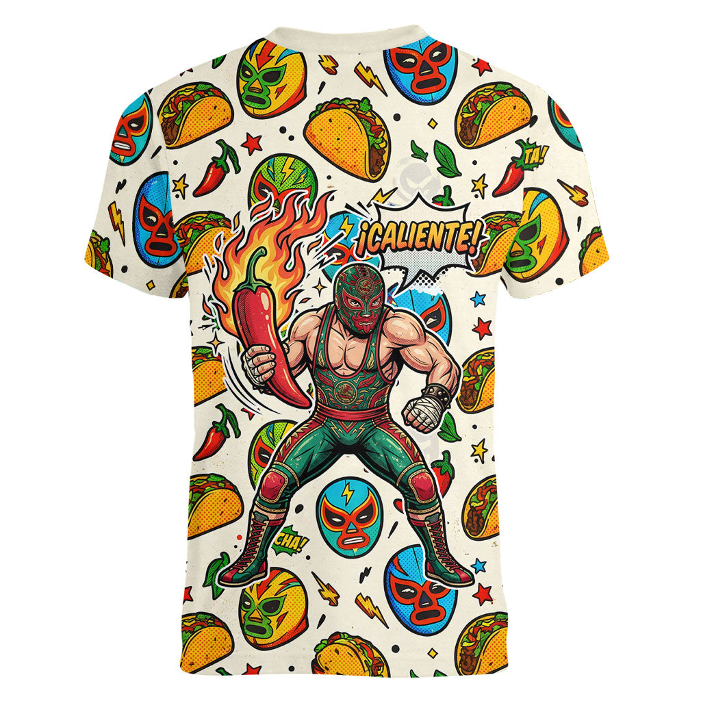 Cinco De Mayo Women V-Neck T-Shirt Lucha Libre Wrestler - Pop Art Comic Style Mexican Fiesta Taco