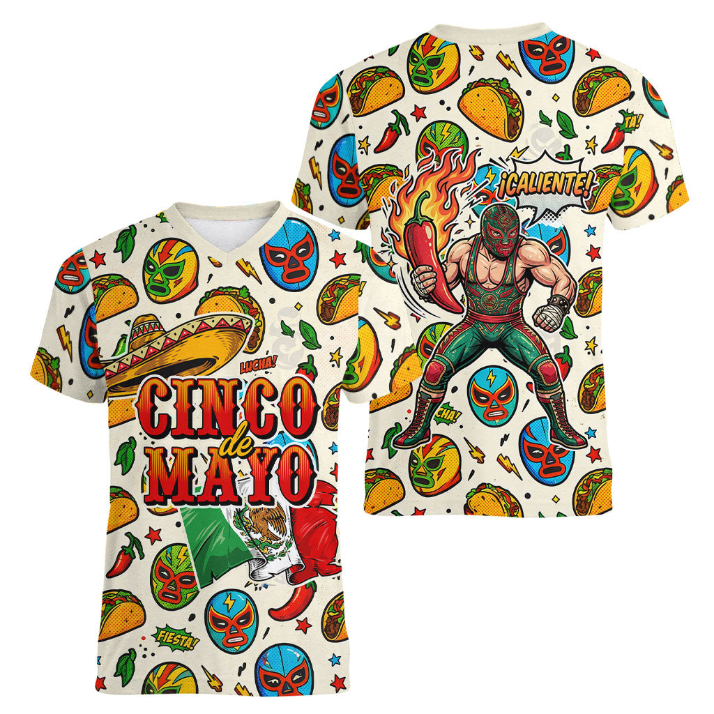 Cinco De Mayo Women V-Neck T-Shirt Lucha Libre Wrestler - Pop Art Comic Style Mexican Fiesta Taco
