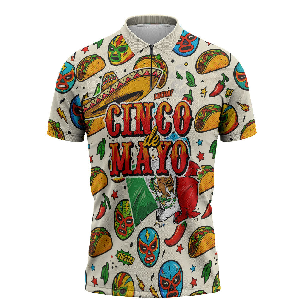 Cinco De Mayo Zipper Polo Shirt Lucha Libre Wrestler - Pop Art Comic Style Mexican Fiesta Taco
