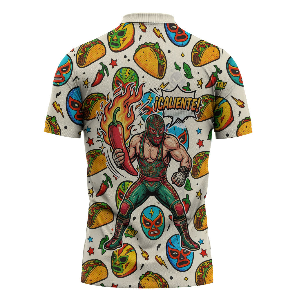 Cinco De Mayo Zipper Polo Shirt Lucha Libre Wrestler - Pop Art Comic Style Mexican Fiesta Taco