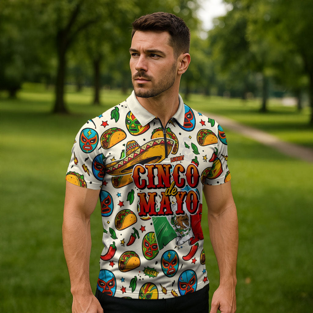 Cinco De Mayo Zipper Polo Shirt Lucha Libre Wrestler - Pop Art Comic Style Mexican Fiesta Taco