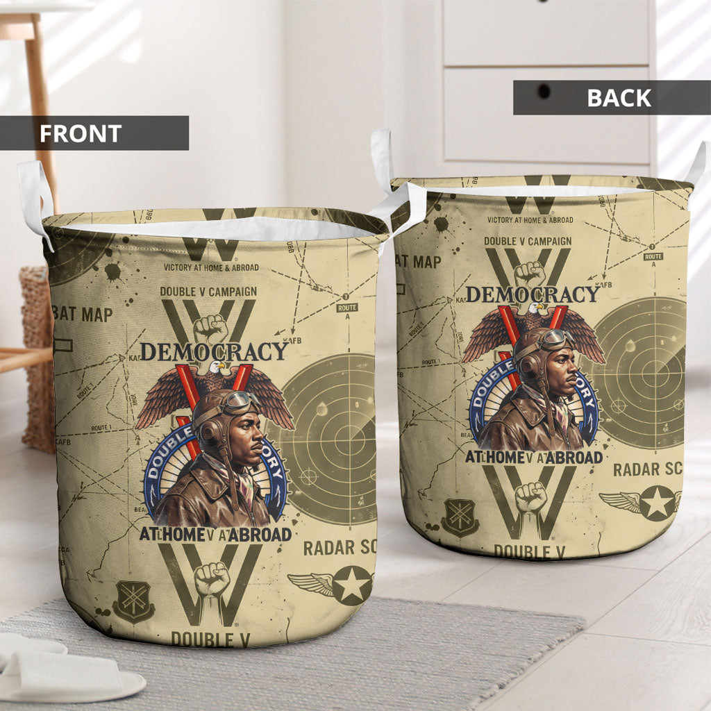 Double V Campaign Tuskegee Airmen Laundry Basket Vintage Military Aviation P-51 Mustang World War II Art
