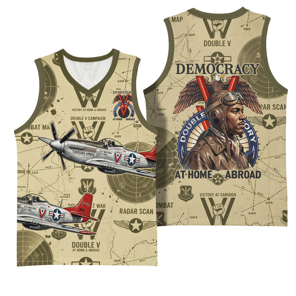 Double V Campaign Tuskegee Airmen Basketball Jersey Vintage Military Aviation P-51 Mustang World War II Art