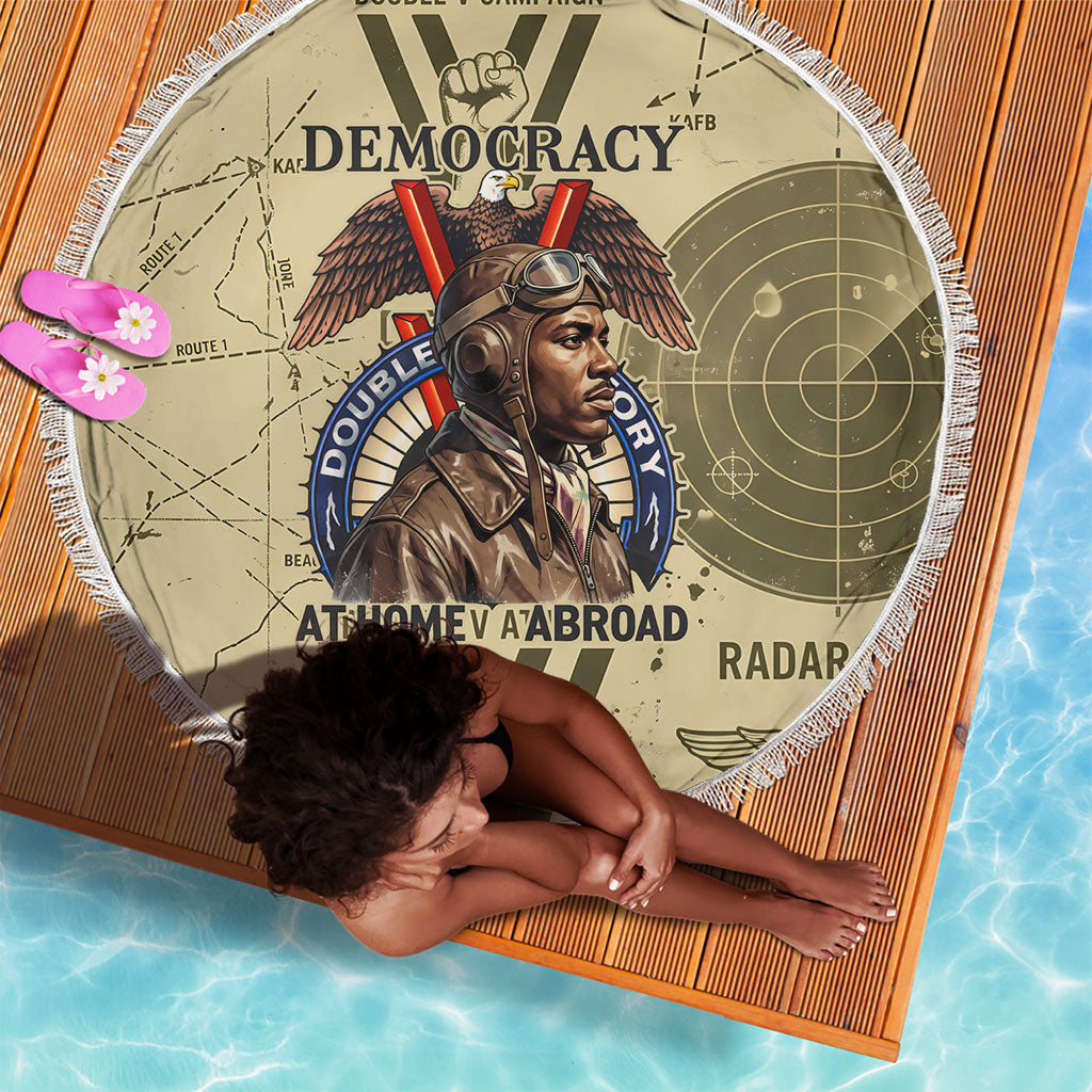 Double V Campaign Tuskegee Airmen Beach Blanket Vintage Military Aviation P-51 Mustang World War II Art