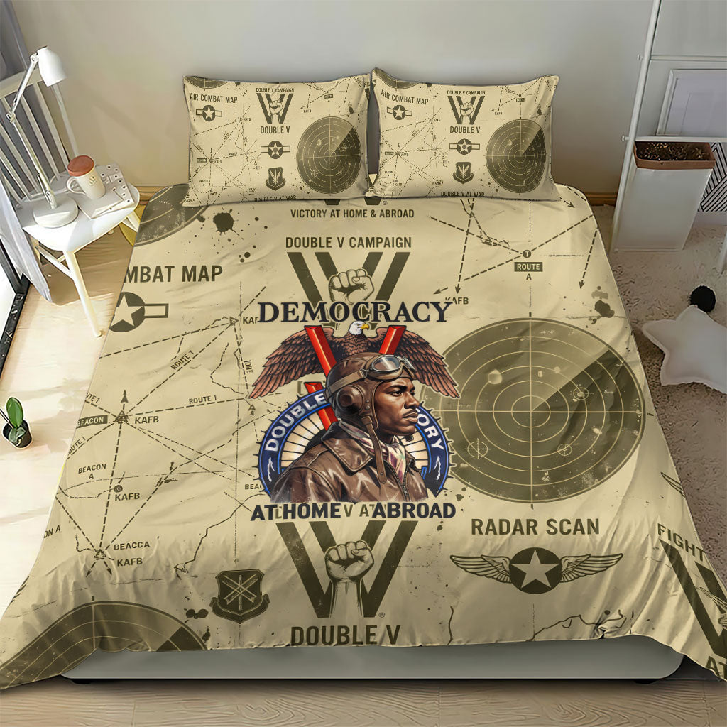 Double V Campaign Tuskegee Airmen Bedding Set Vintage Military Aviation P-51 Mustang World War II Art