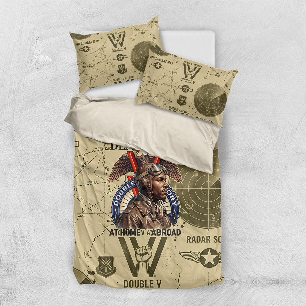 Double V Campaign Tuskegee Airmen Bedding Set Vintage Military Aviation P-51 Mustang World War II Art