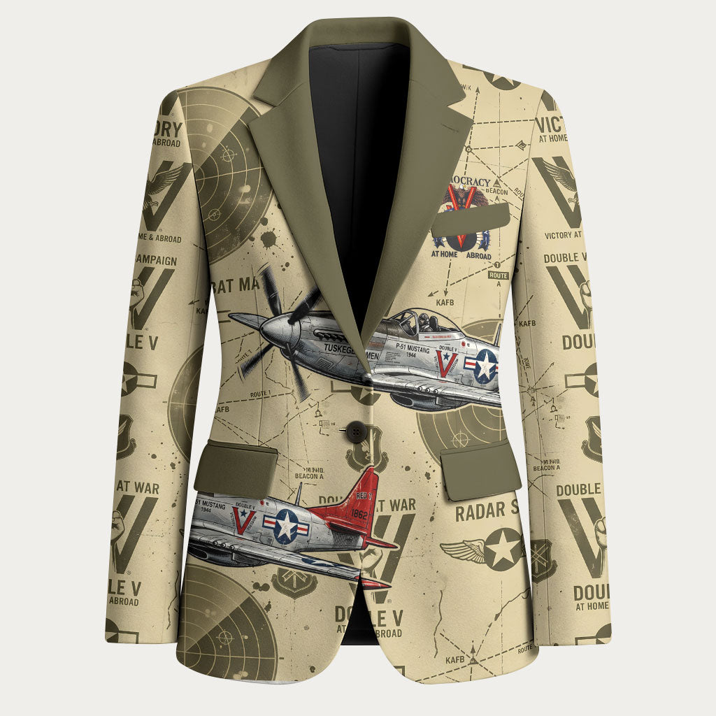 Double V Campaign Tuskegee Airmen Blazer Vintage Military Aviation P-51 Mustang World War II Art