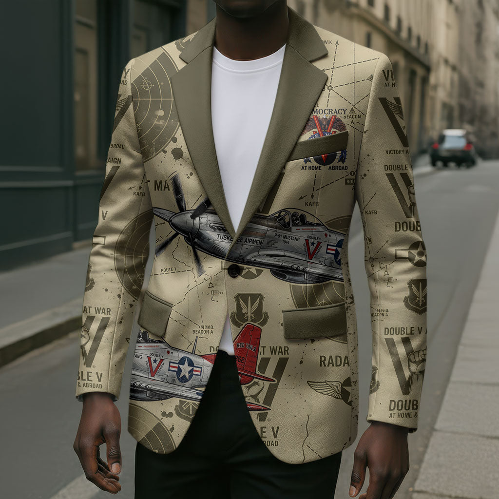 Double V Campaign Tuskegee Airmen Blazer Vintage Military Aviation P-51 Mustang World War II Art