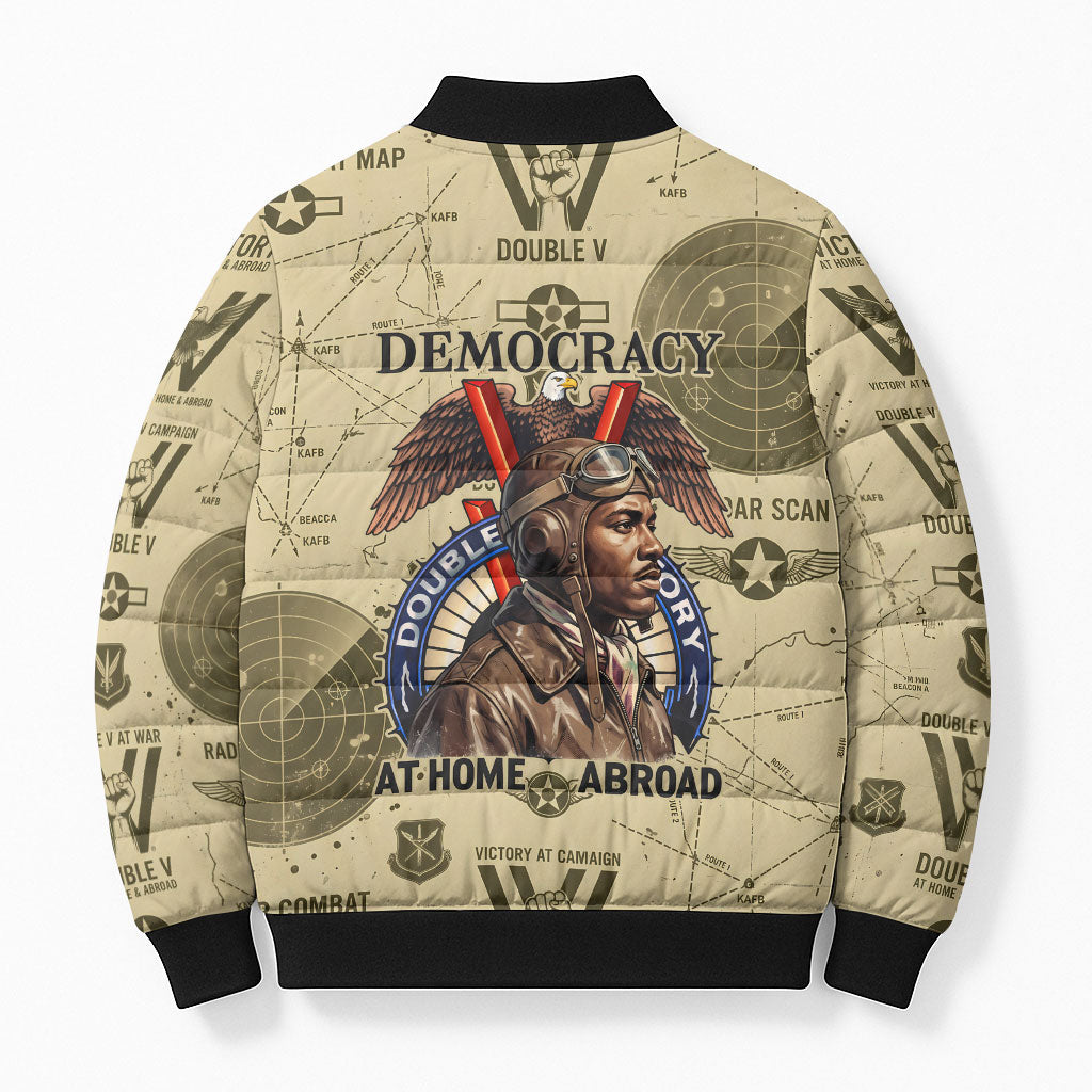 Double V Campaign Tuskegee Airmen Bomber Puffer Jacket Vintage Military Aviation P-51 Mustang World War II Art