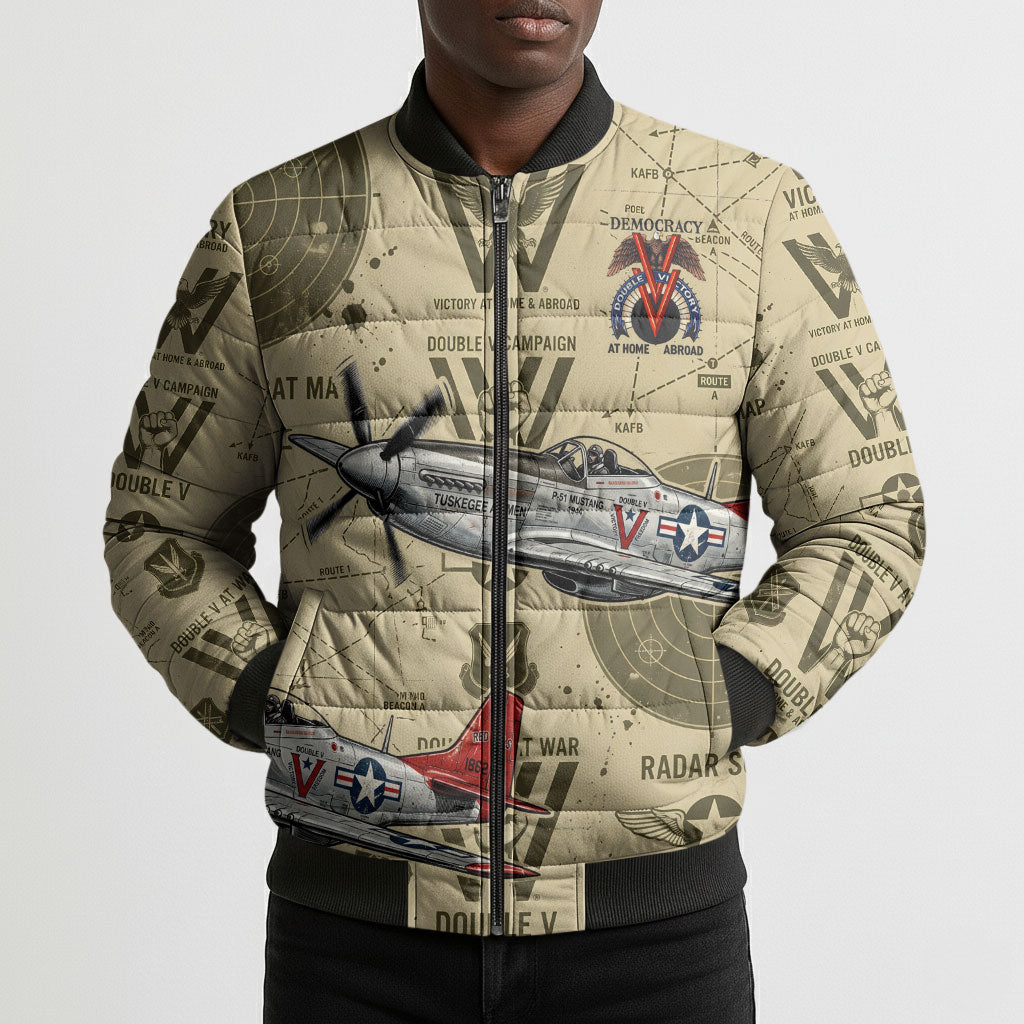 Double V Campaign Tuskegee Airmen Bomber Puffer Jacket Vintage Military Aviation P-51 Mustang World War II Art