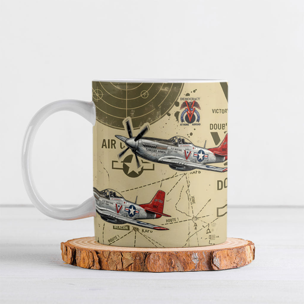 Double V Campaign Tuskegee Airmen Ceramic Mug Vintage Military Aviation P-51 Mustang World War II Art