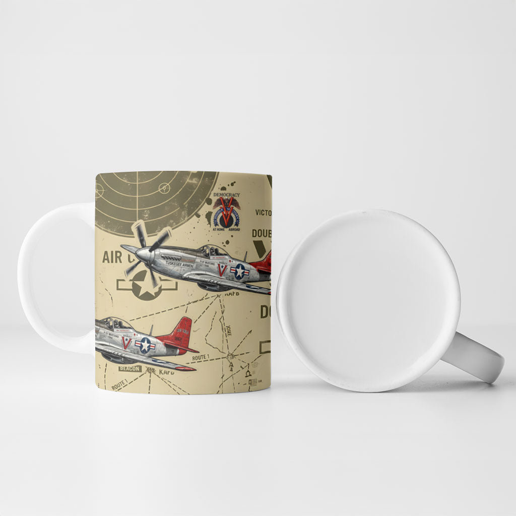 Double V Campaign Tuskegee Airmen Ceramic Mug Vintage Military Aviation P-51 Mustang World War II Art