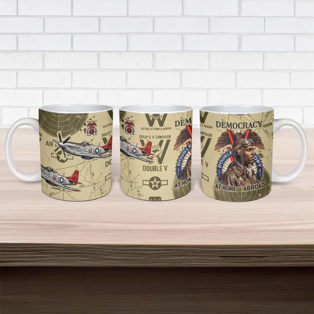 Double V Campaign Tuskegee Airmen Ceramic Mug Vintage Military Aviation P-51 Mustang World War II Art