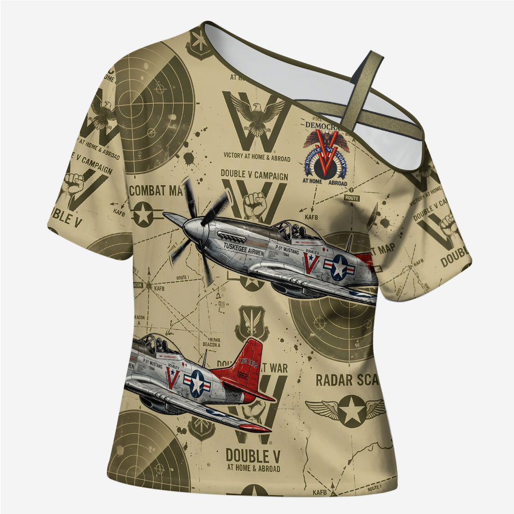 Double V Campaign Tuskegee Airmen Cross Shoulder Shirt Vintage Military Aviation P-51 Mustang World War II Art