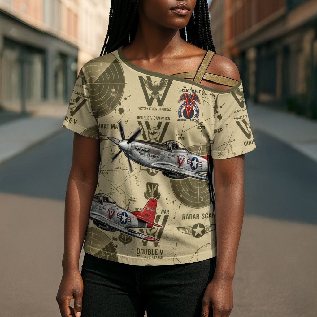 Double V Campaign Tuskegee Airmen Cross Shoulder Shirt Vintage Military Aviation P-51 Mustang World War II Art