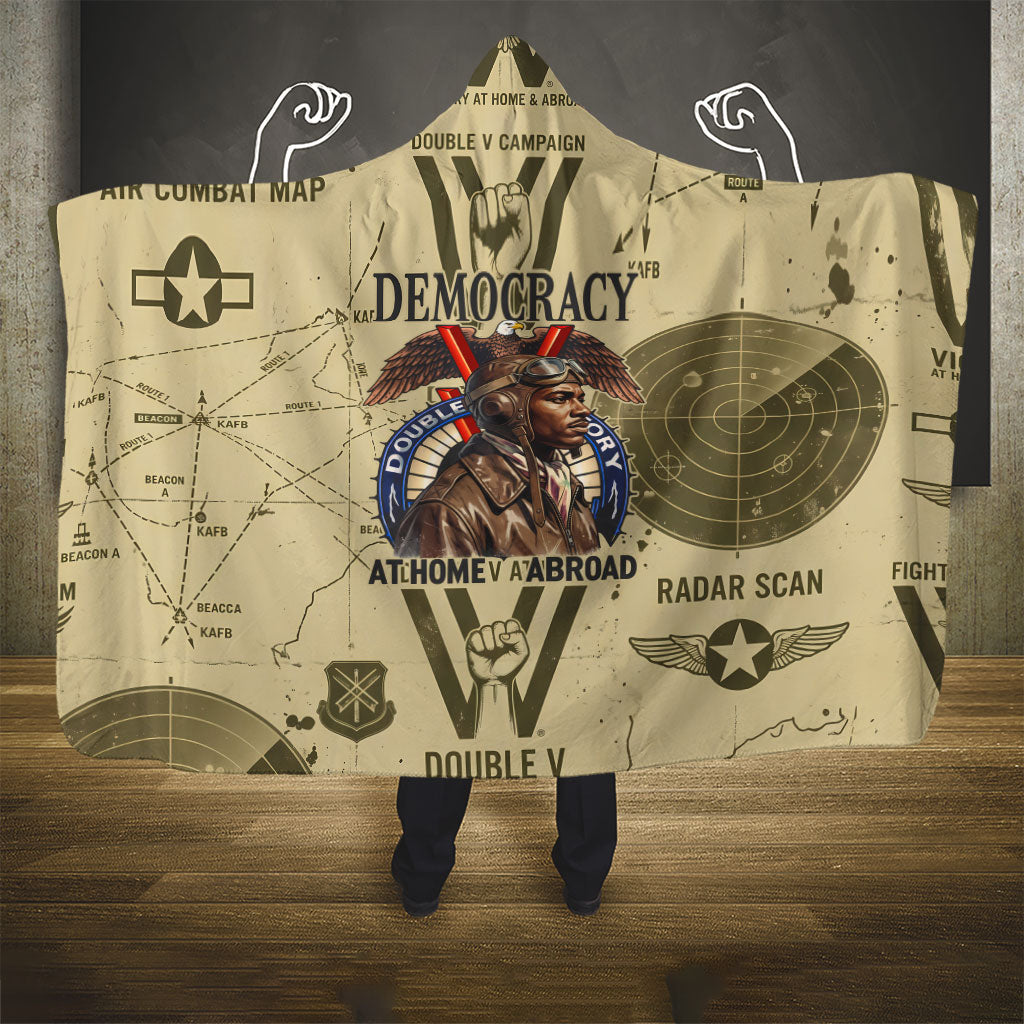 Double V Campaign Tuskegee Airmen Hooded Blanket Vintage Military Aviation P-51 Mustang World War II Art