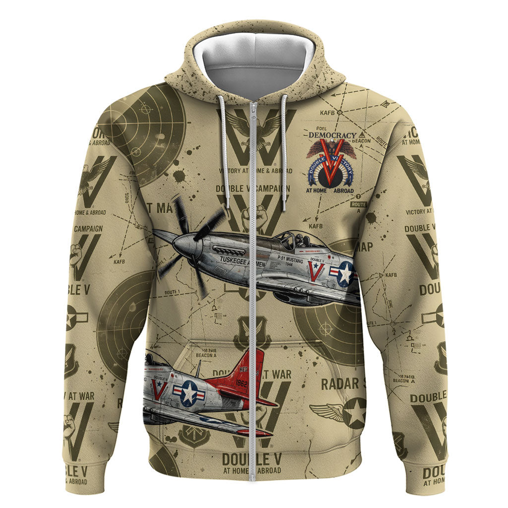 Double V Campaign Tuskegee Airmen Hoodie Vintage Military Aviation P-51 Mustang World War II Art