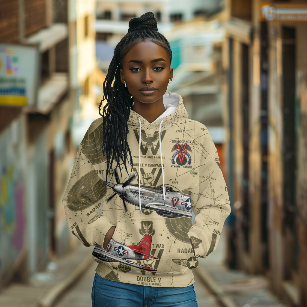 Double V Campaign Tuskegee Airmen Hoodie Vintage Military Aviation P-51 Mustang World War II Art