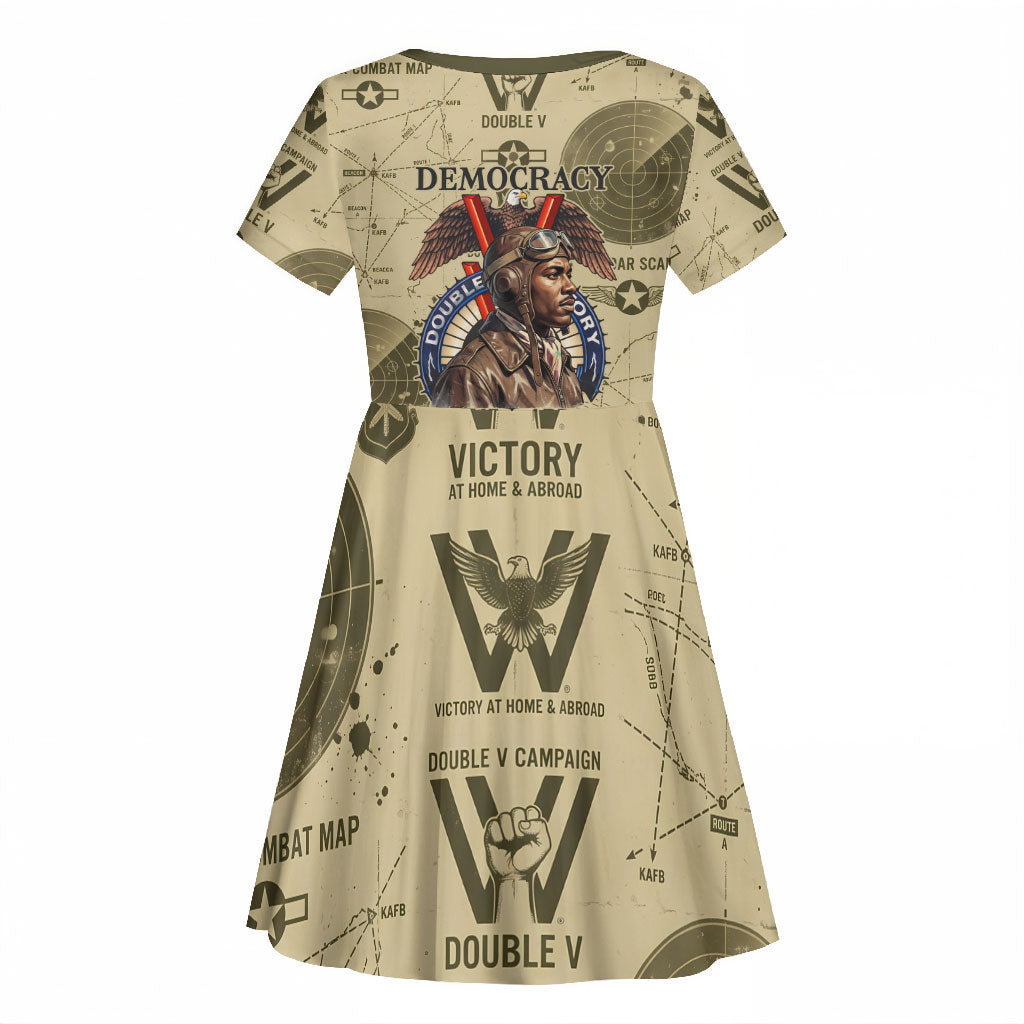 Double V Campaign Tuskegee Airmen Kid Short Sleeve Dress Vintage Military Aviation P-51 Mustang World War II Art