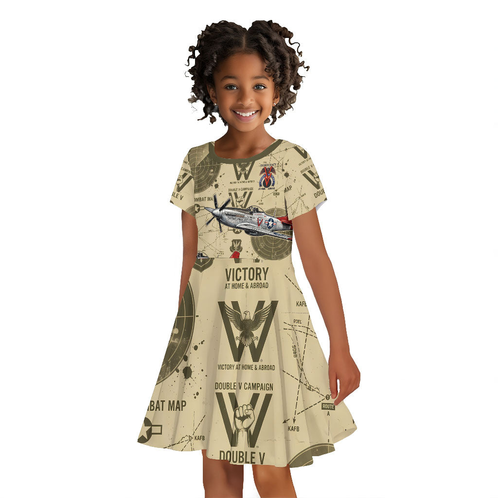 Double V Campaign Tuskegee Airmen Kid Short Sleeve Dress Vintage Military Aviation P-51 Mustang World War II Art