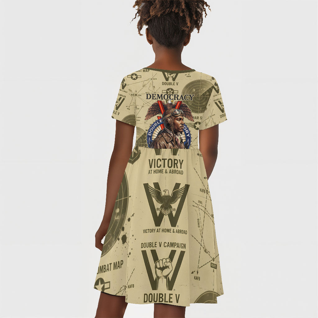 Double V Campaign Tuskegee Airmen Kid Short Sleeve Dress Vintage Military Aviation P-51 Mustang World War II Art