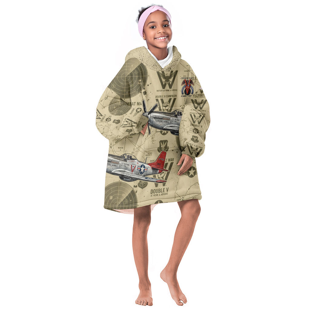 Double V Campaign Tuskegee Airmen Kid Wearable Blanket Hoodie Vintage Military Aviation P-51 Mustang World War II Art