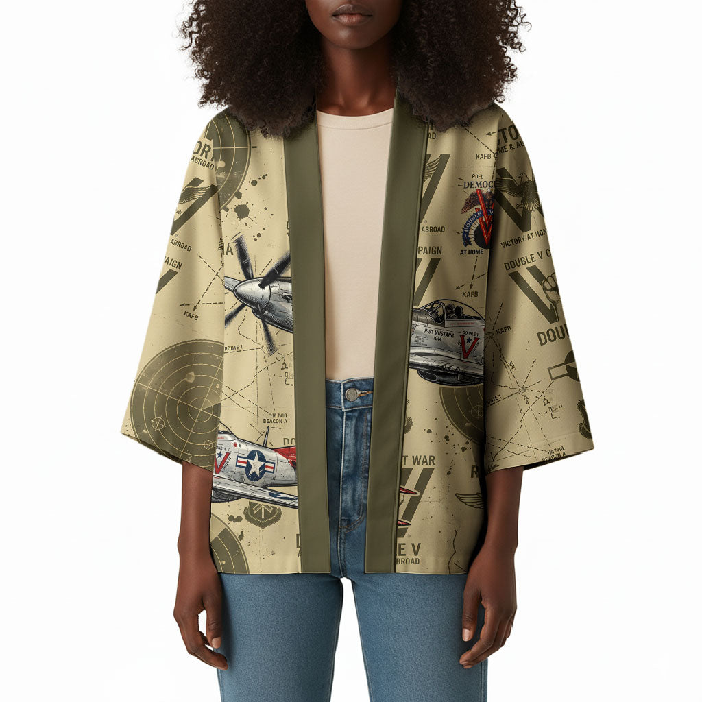 Double V Campaign Tuskegee Airmen Kimono Vintage Military Aviation P-51 Mustang World War II Art
