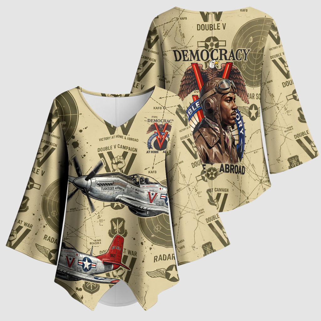 Double V Campaign Tuskegee Airmen Kimono Sleeve Blouse Vintage Military Aviation P-51 Mustang World War II Art