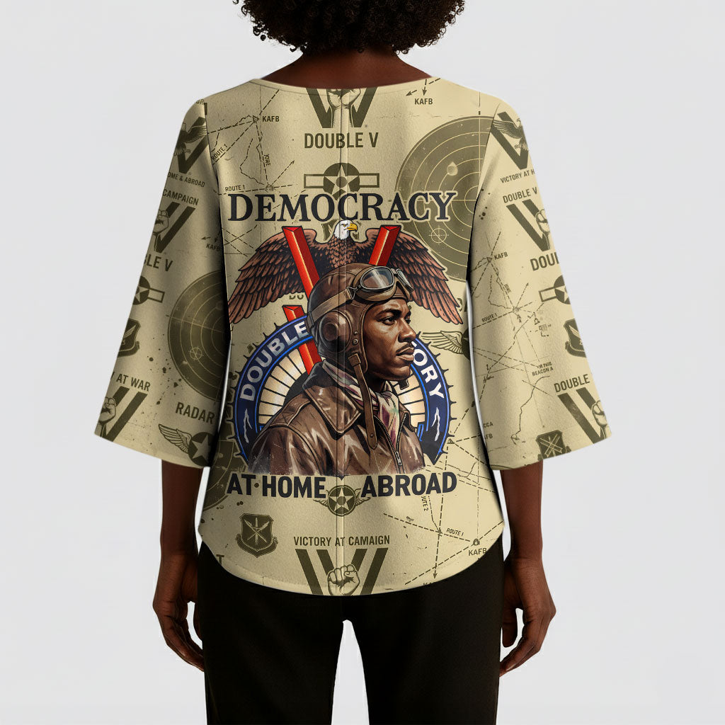 Double V Campaign Tuskegee Airmen Kimono Sleeve Blouse Vintage Military Aviation P-51 Mustang World War II Art
