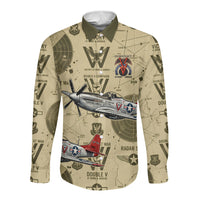 Double V Campaign Tuskegee Airmen Long Sleeve Button Shirt Vintage Military Aviation P-51 Mustang World War II Art