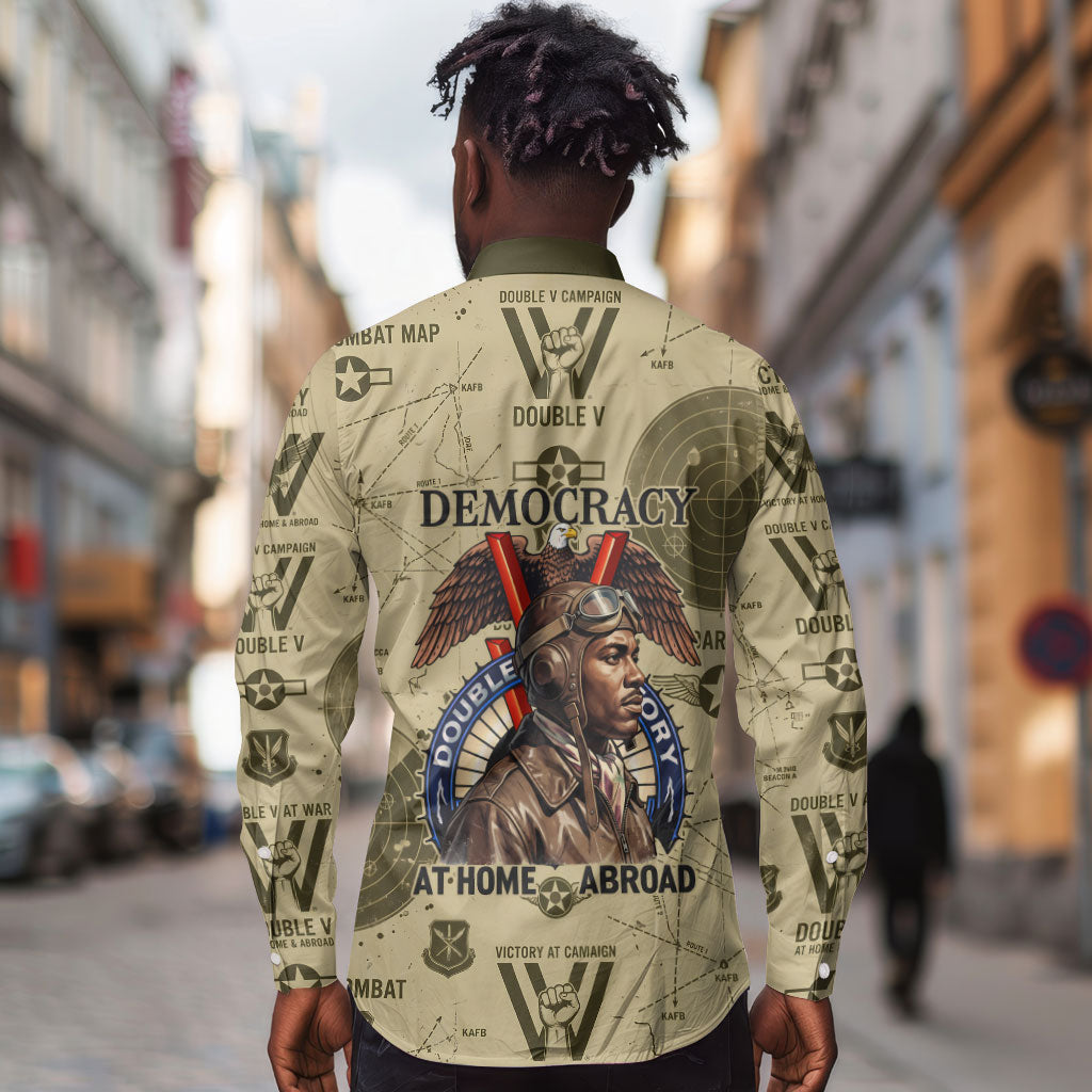 Double V Campaign Tuskegee Airmen Long Sleeve Button Shirt Vintage Military Aviation P-51 Mustang World War II Art